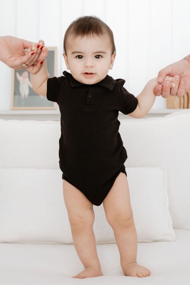 %100 Pamuk Kısa Kollu Polo Yaka Bebek Body 12-18 AY - Siyah