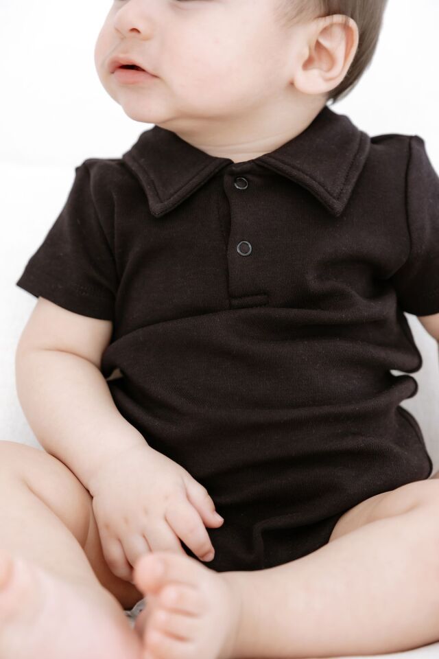 %100 Pamuk Kısa Kollu Polo Yaka Bebek Body 12-18 AY - Siyah