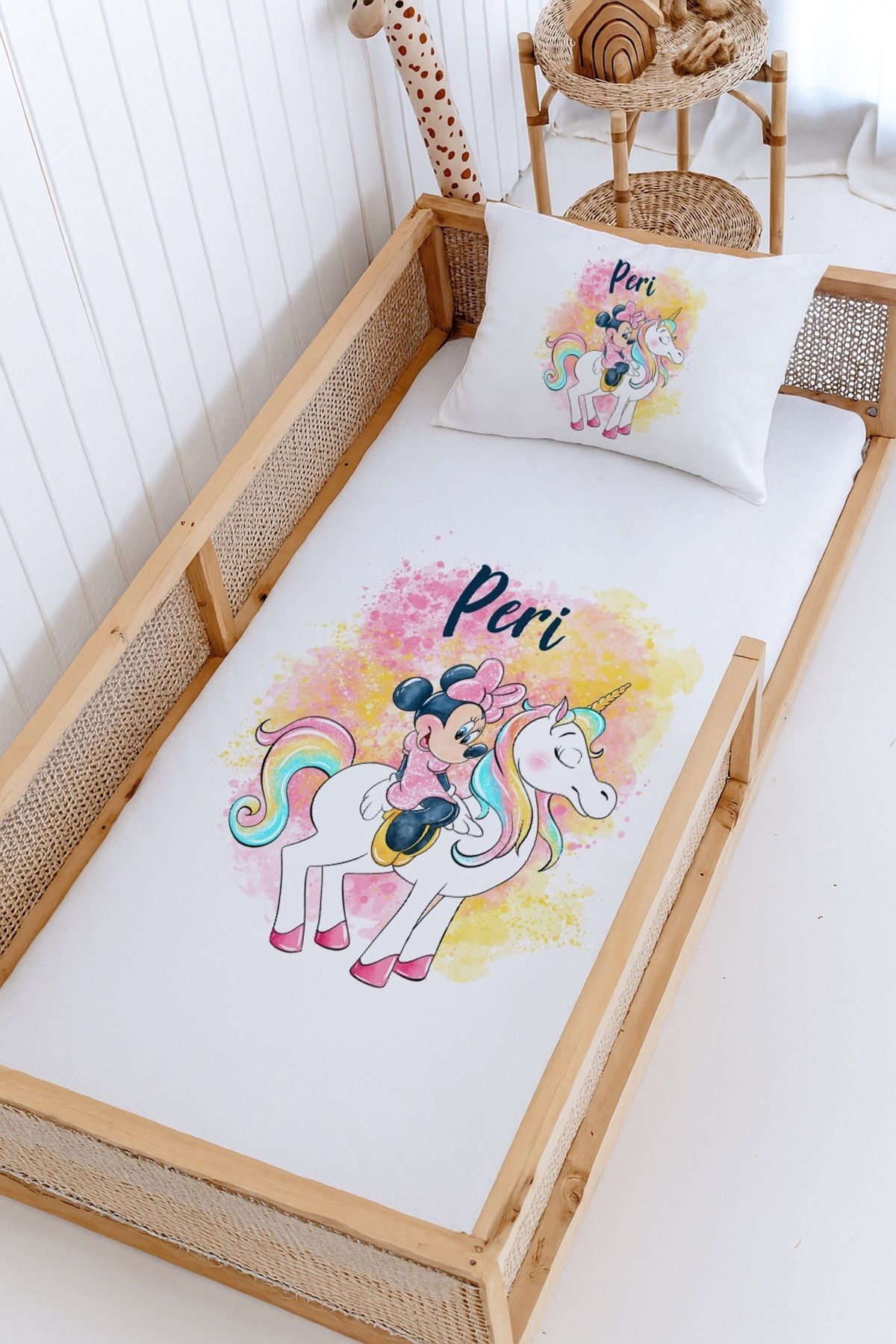 %100 Pamuk İsme Özel Montessori Yatak Pike Seti 100x200 Minnie Mouse