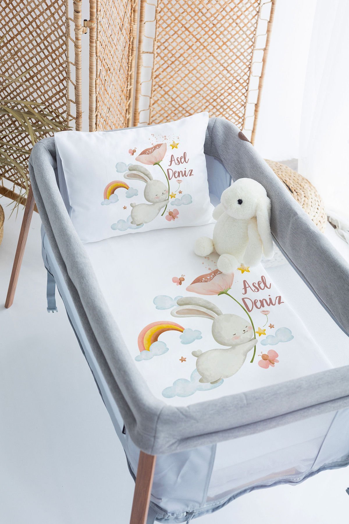 İsme Özel 70x120 Park Yatak Nevresim Takımı Tavşan