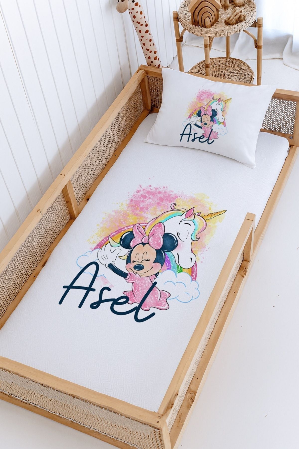 %100 Pamuk İsme Özel Montessori Yatak Pike Seti 100x200 Minnie Mouse