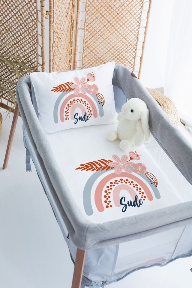 %100 Delux Pamuk İsme Özel 70x120 Park Yatak Nevresim Takımı Gökkuşağı