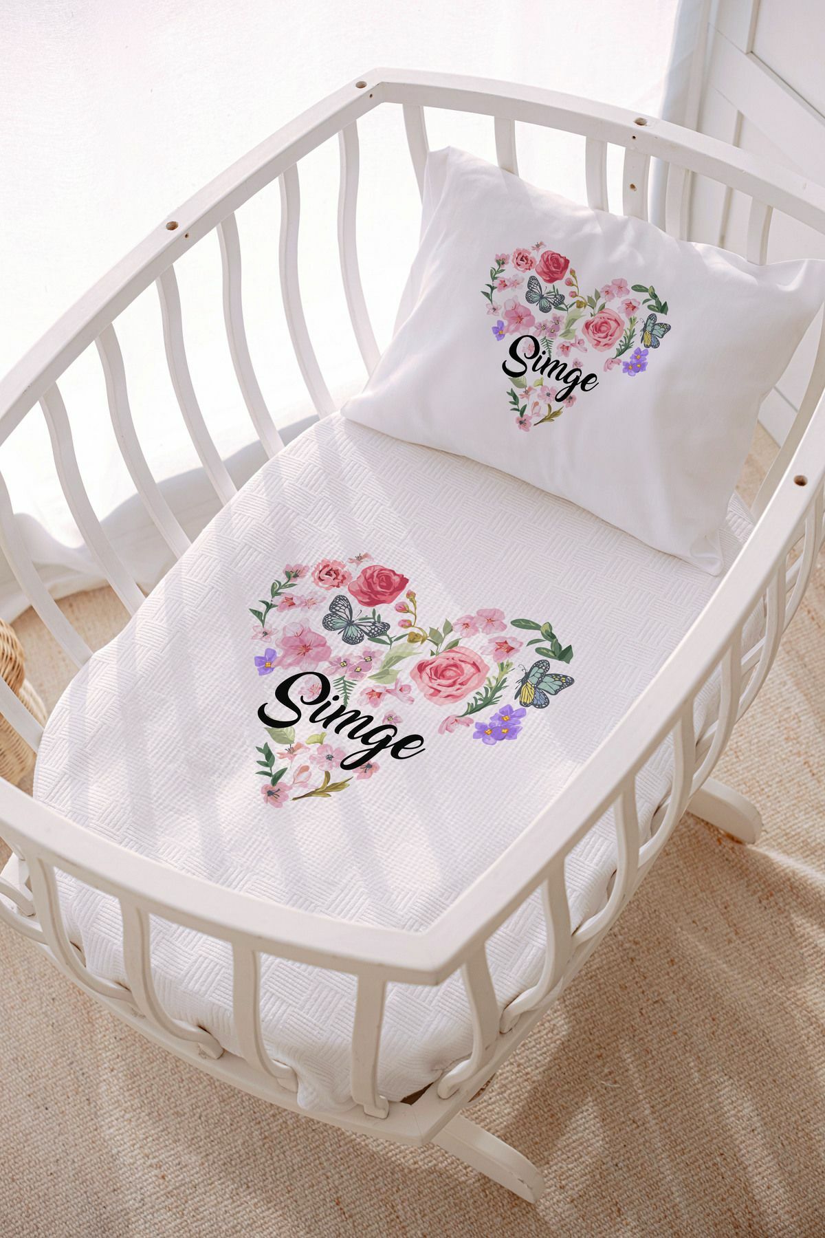 İsme Özel Park Yatak ve Anne Yanı Pike Seti (70x120 cm) Çiçek