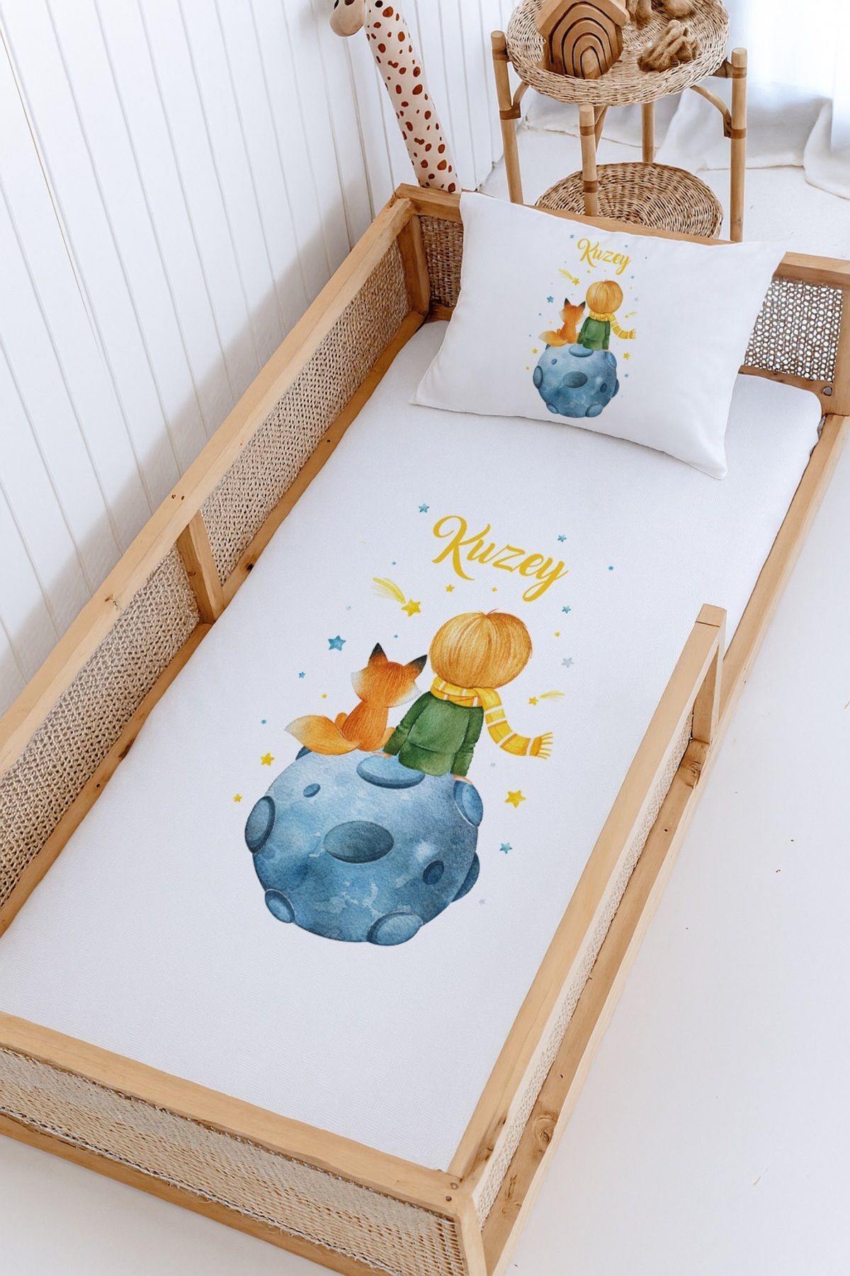 %100 Pamuk İsme Özel Montessori Yatak Pike Seti 100x200 Küçük Prens