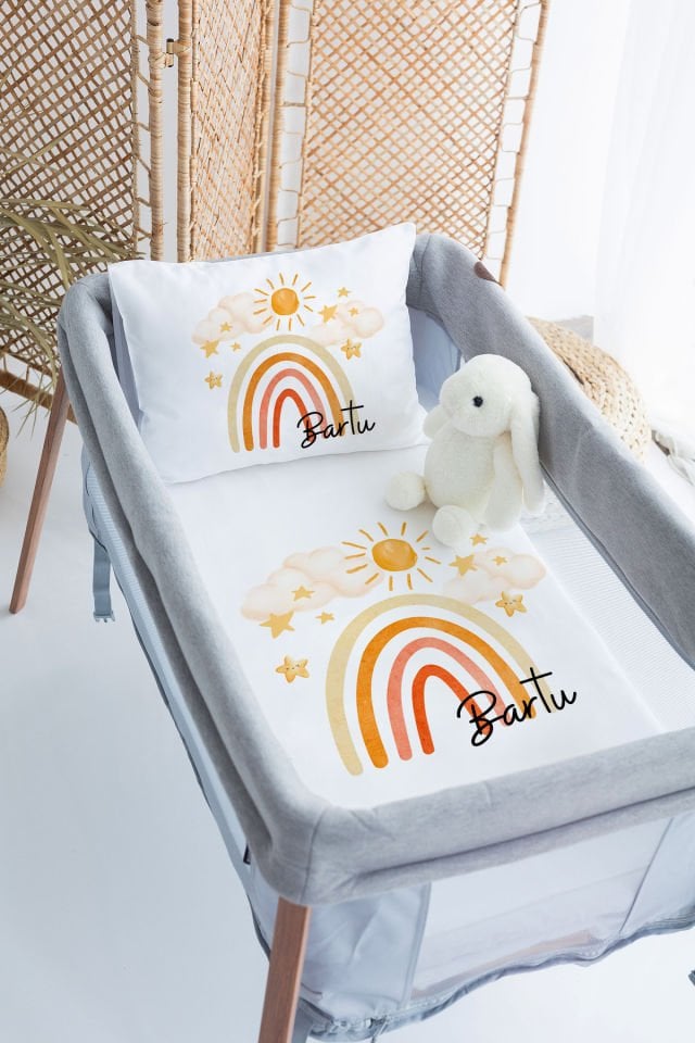 %100 Delux Pamuk İsme Özel 70x120 Park Yatak Nevresim Takımı Gökkuşağı