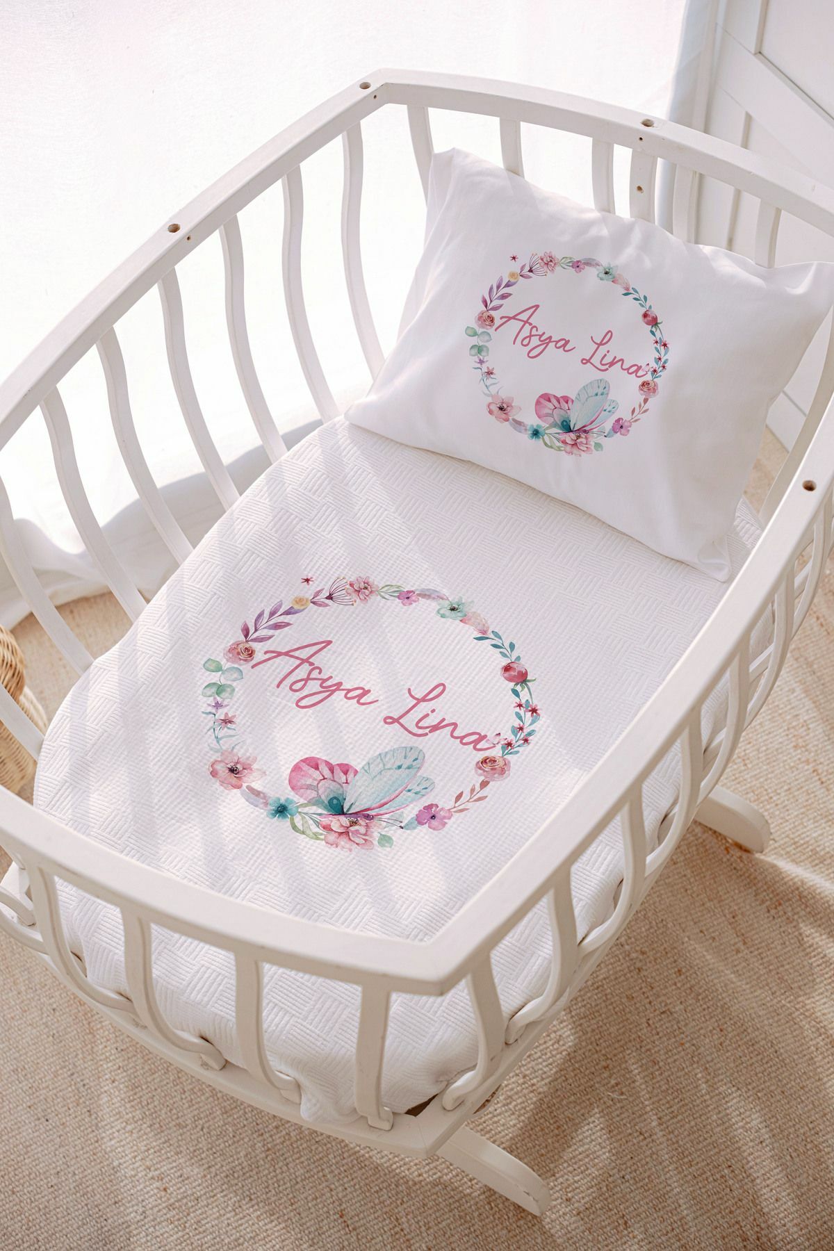 İsme Özel Park Yatak ve Anne Yanı Pike Seti (70x120 cm) Çiçek