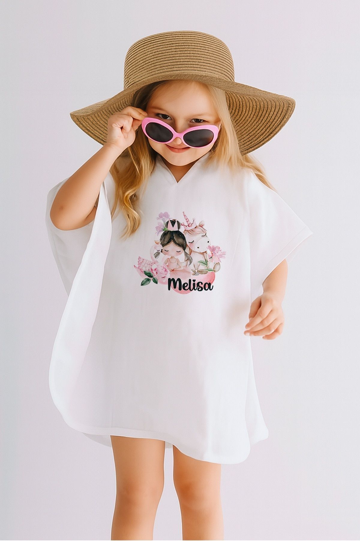 %100 Pamuk Müslin Kapüşonlu Bebek Çocuk Panço Bornoz Balerin 3-4 Yaş - Krem