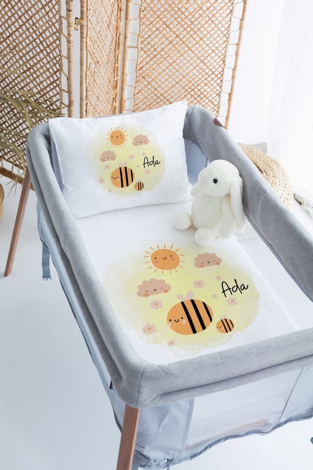 %100 Delux Pamuk İsme Özel 70x120 Park Yatak Nevresim Takımı Arı