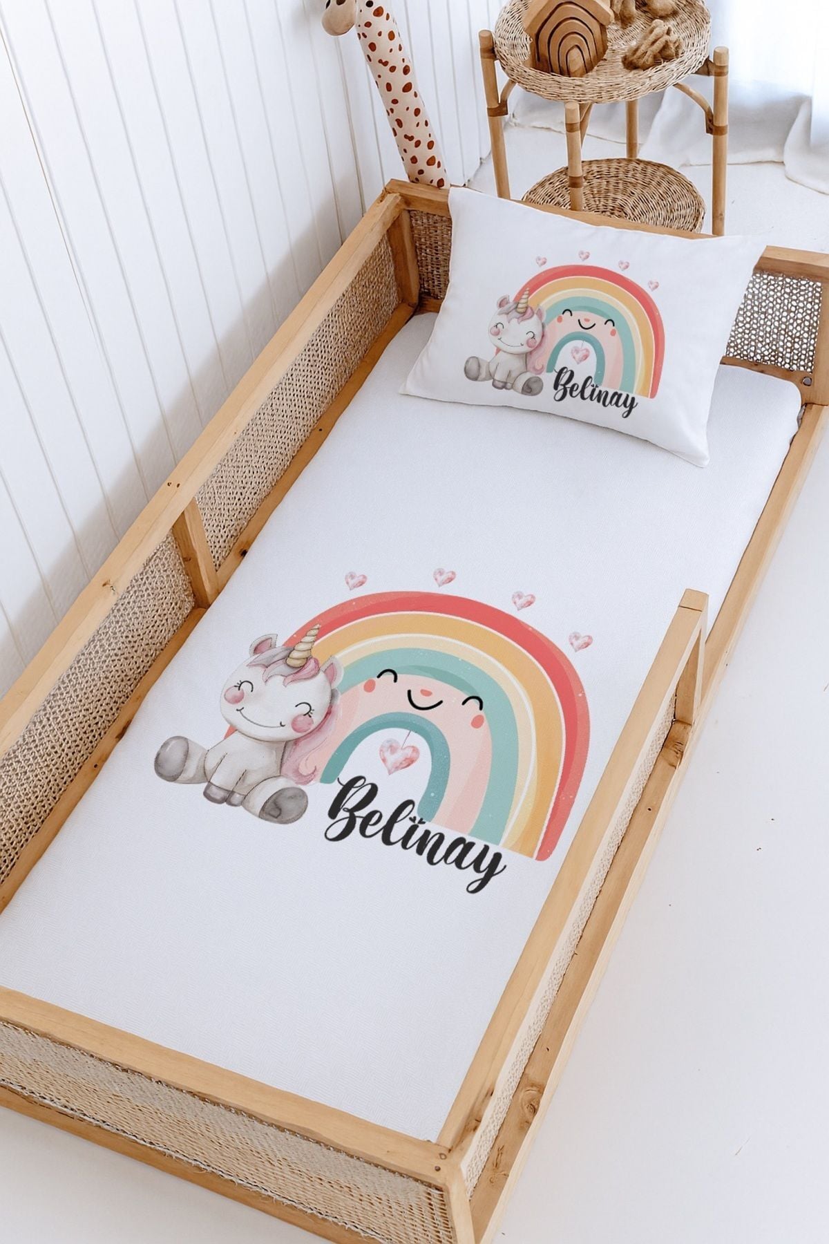 %100 Pamuk İsme Özel Montessori Yatak Pike Seti 100x200 Unicorn