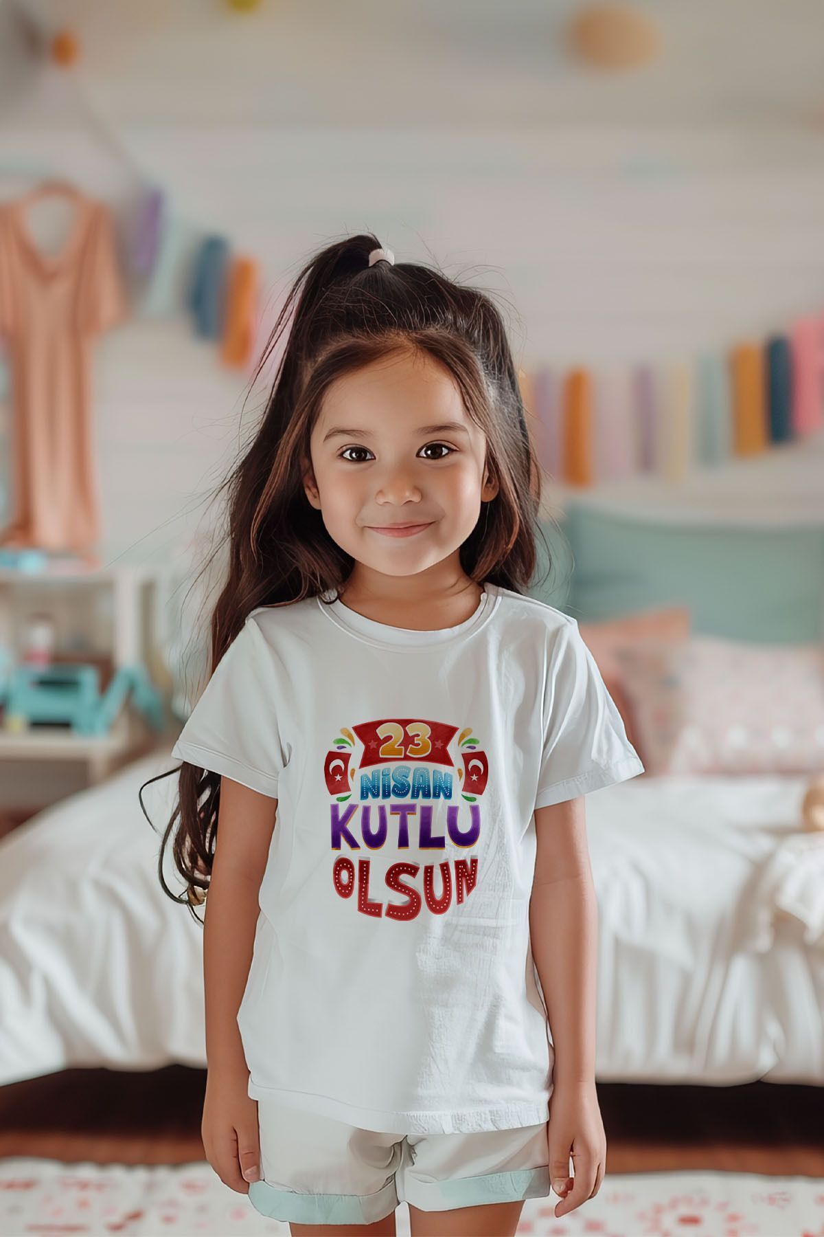 %100 Pamuk Kız Çocuk 23 Nisan Baskılı Kısa Kollu Tişört
