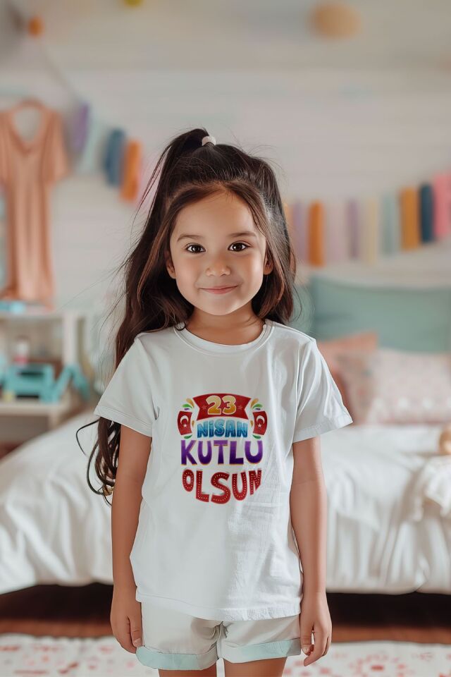%100 Pamuk Kız Çocuk 23 Nisan Baskılı Kısa Kollu Tişört