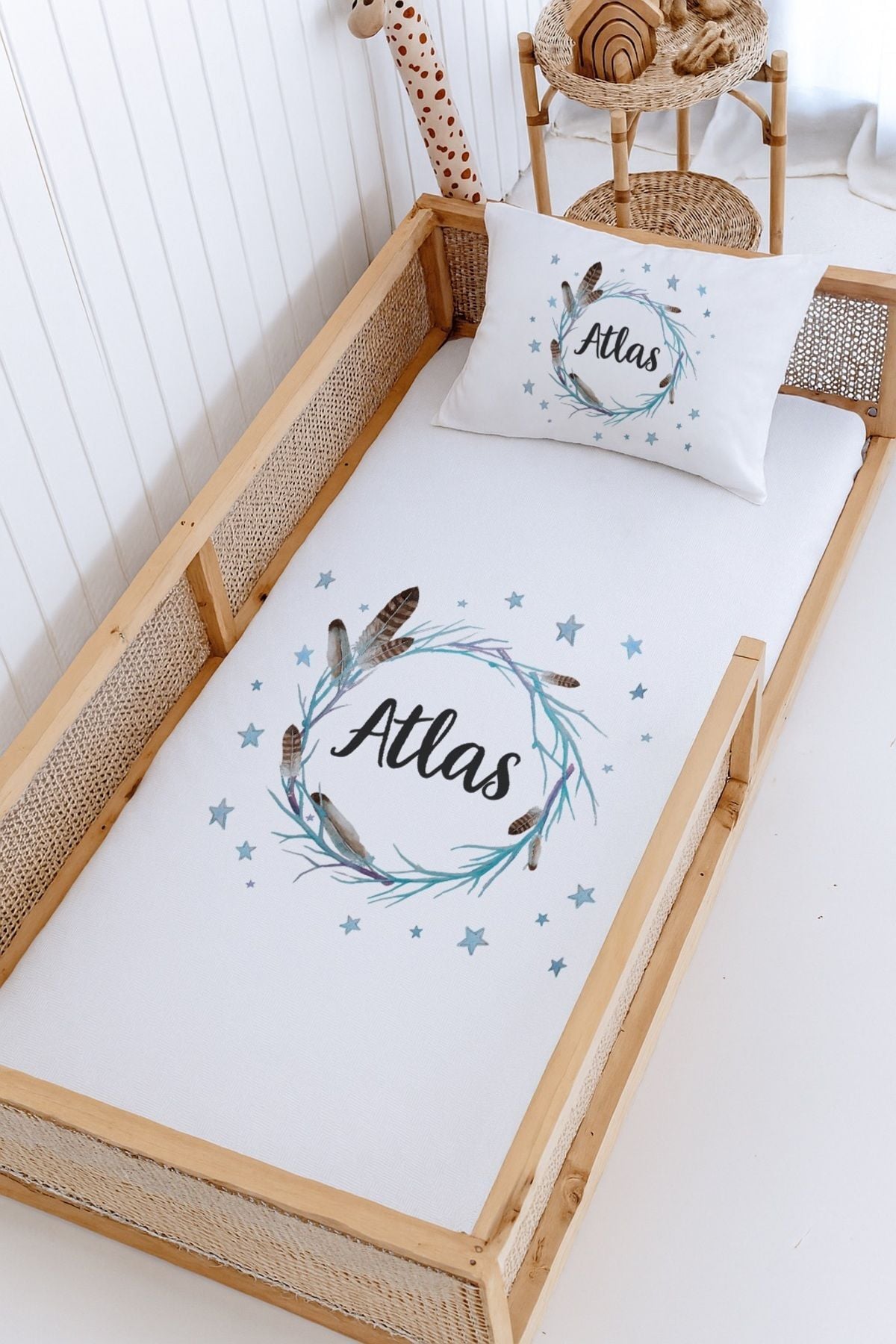 %100 Pamuk İsme Özel Montessori Yatak Pike Seti 100x200 Yıldızlar