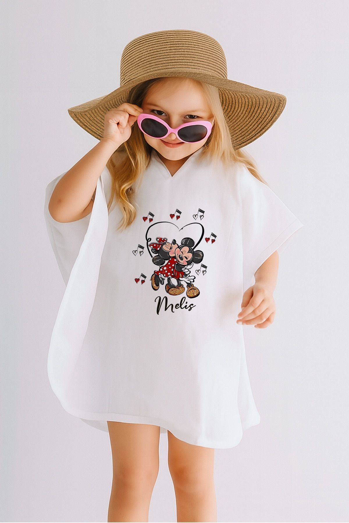 %100 Pamuk Müslin Kapüşonlu Bebek Çocuk Panço Bornoz Minnie Mouse&Mickey Mouse 1-2 Yaş - Krem