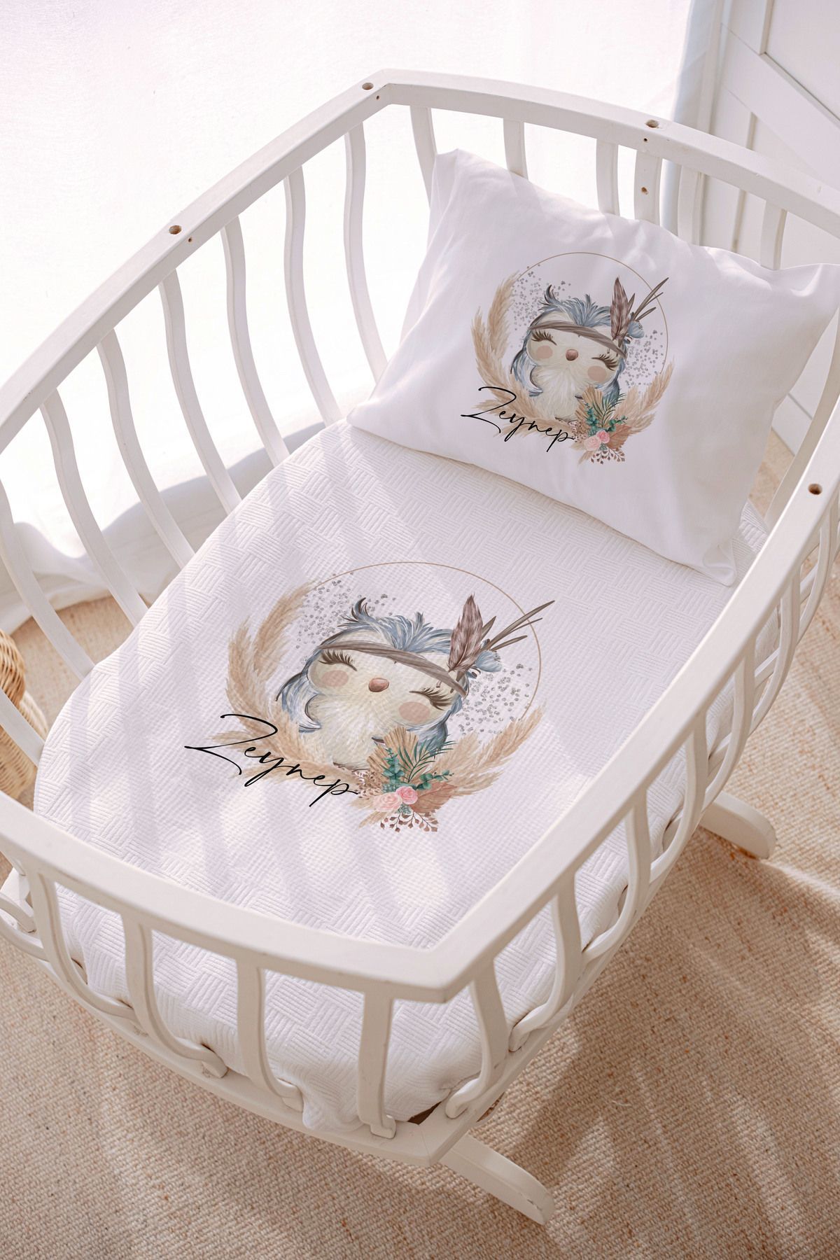 İsme Özel Park Yatak ve Anne Yanı Pike Seti (70x120 cm) Baykuş