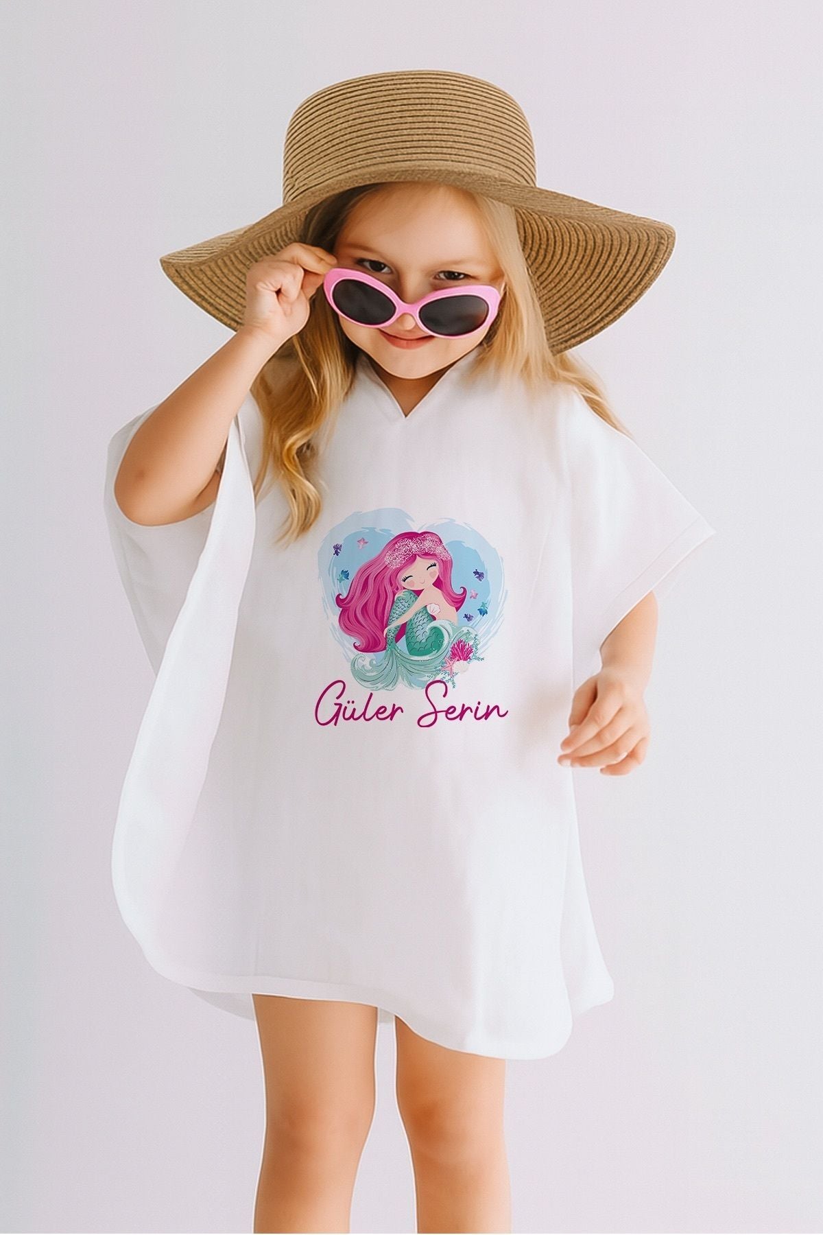 %100 Pamuk Müslin Kapüşonlu Bebek Çocuk Panço Bornoz Deniz Kızı