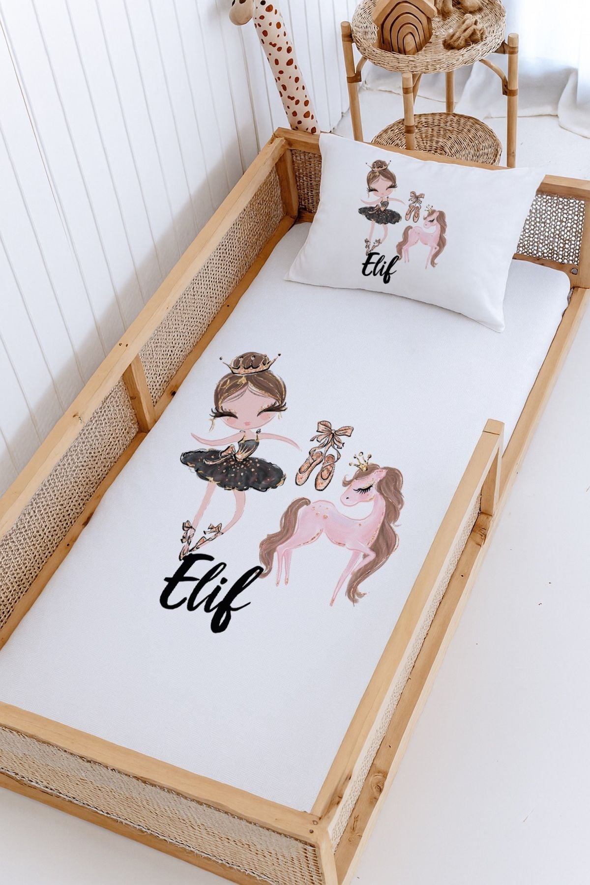 %100 Pamuk İsme Özel Montessori Yatak Pike Seti 100x200 Balerin
