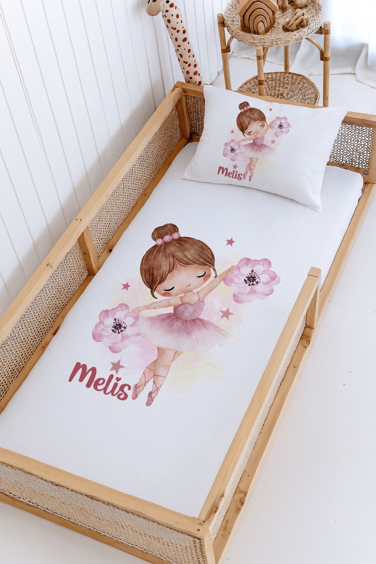 %100 Pamuk İsme Özel Montessori Yatak Pike Seti 100x200 Balerin