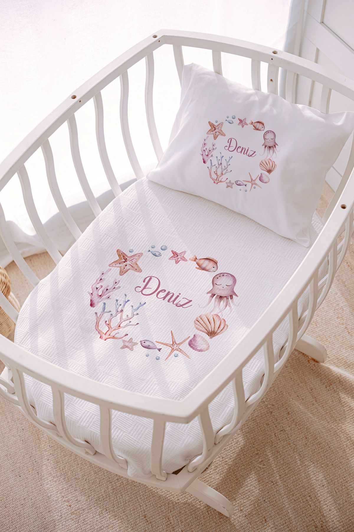 İsme Özel Park Yatak ve Anne Yanı Pike Seti (70x120 cm) Deniz Canlıları