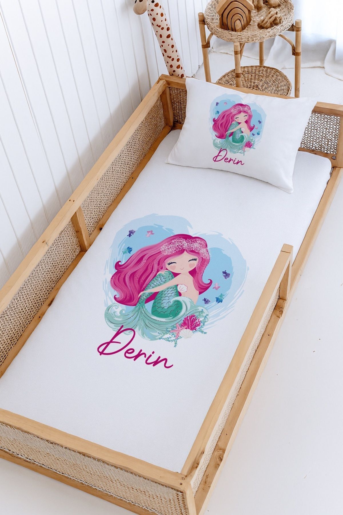%100 Pamuk İsme Özel Montessori Yatak Pike Seti 100x200 Deniz Kızı