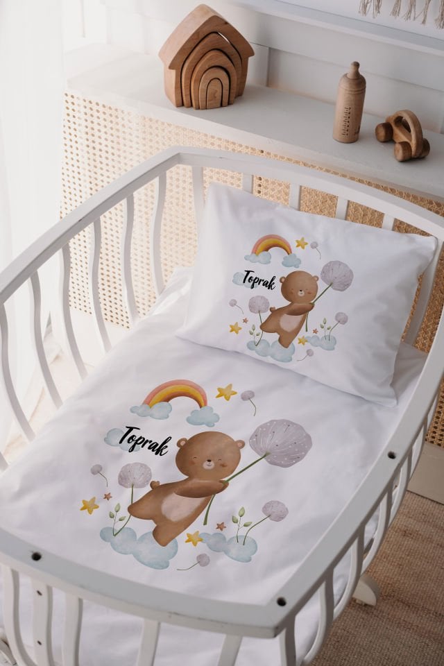 %100 Delux Pamuk İsme Özel 60x100 Anne Yanı Beşik Nevresim Takımı Ayıcık