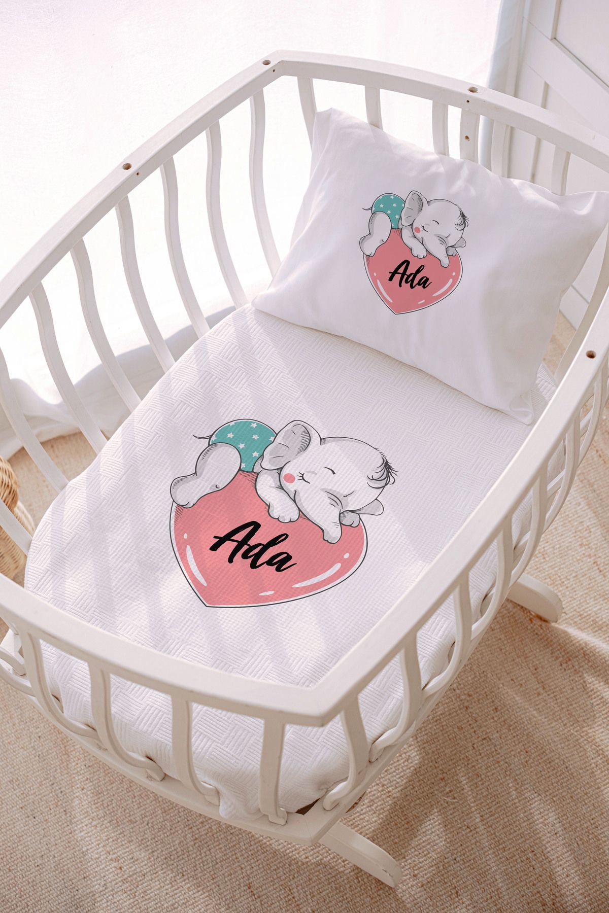 İsme Özel Park Yatak ve Anne Yanı Pike Seti (70x120 cm) Fil