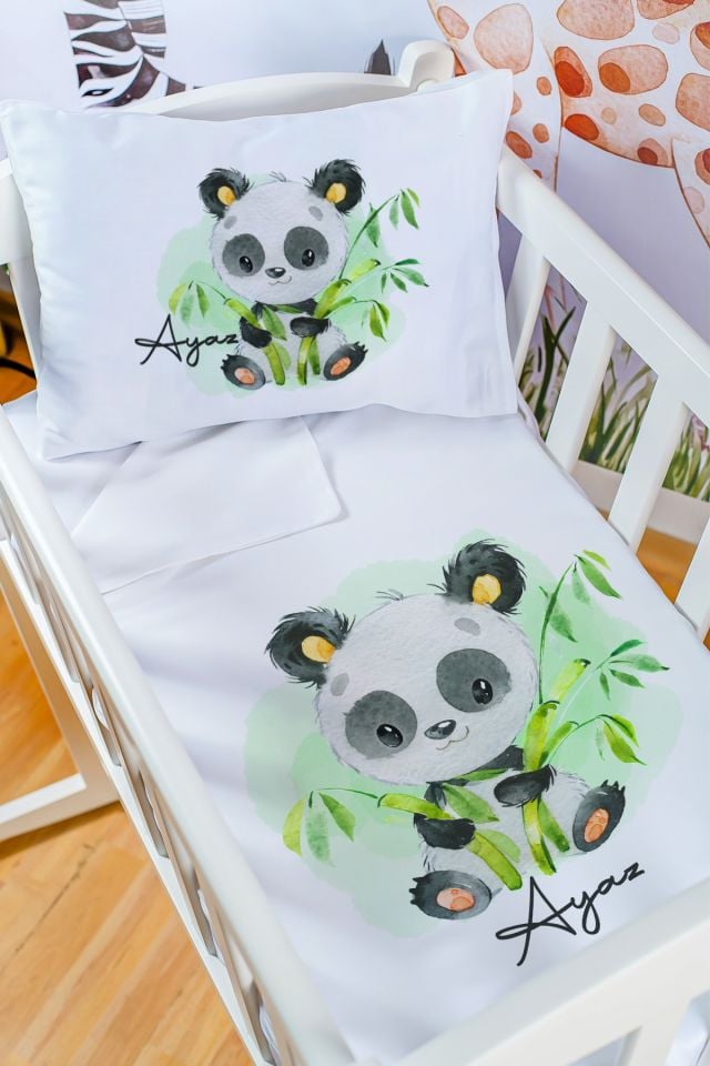 %100 Delux Pamuk İsme Özel 60x100 Anne Yanı Beşik Nevresim Takımı Panda