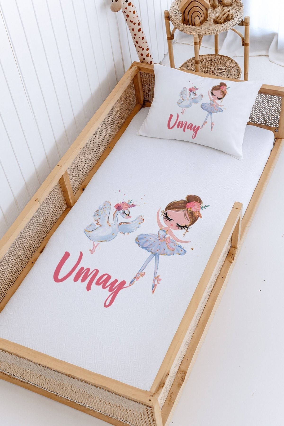 %100 Pamuk İsme Özel Montessori Yatak Pike Seti 100x200 Balerin
