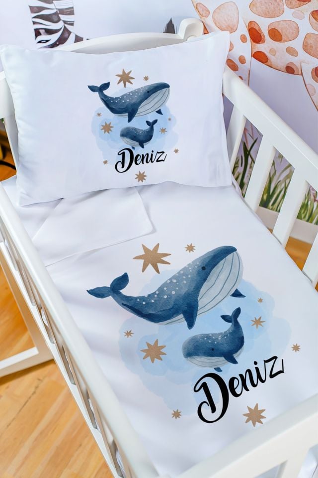 %100 Delux Pamuk İsme Özel 60x100 Anne Yanı Beşik Nevresim Takımı Balina