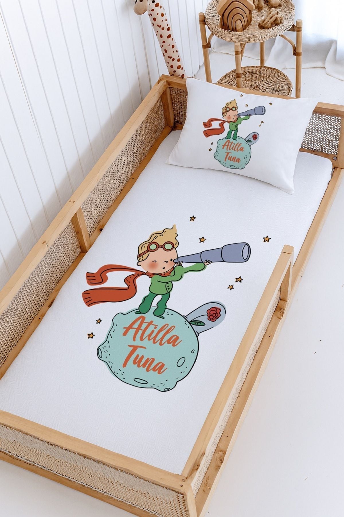 %100 Pamuk İsme Özel Montessori Yatak Pike Seti 100x200 Küçük Prens