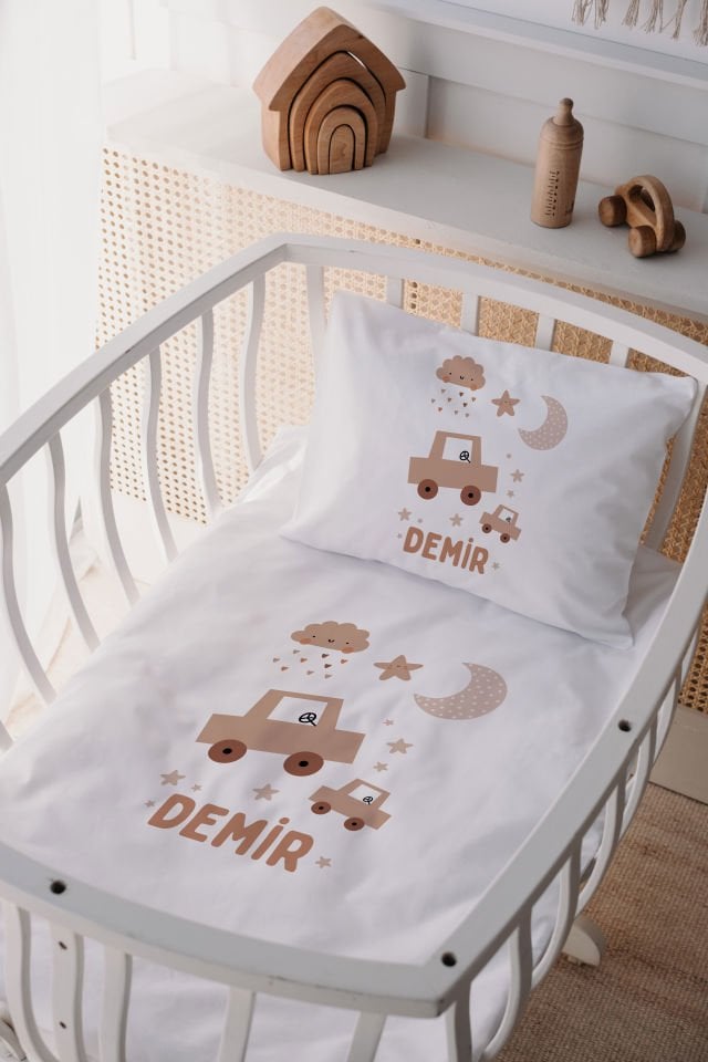 %100 Delux Pamuk İsme Özel 60x100 Anne Yanı Beşik Nevresim Takımı Araba