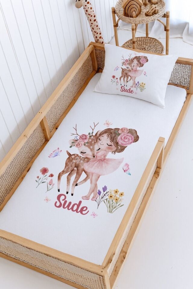 %100 Pamuk İsme Özel Montessori Yatak Pike Seti 100x200 Prenses ve Ceylan
