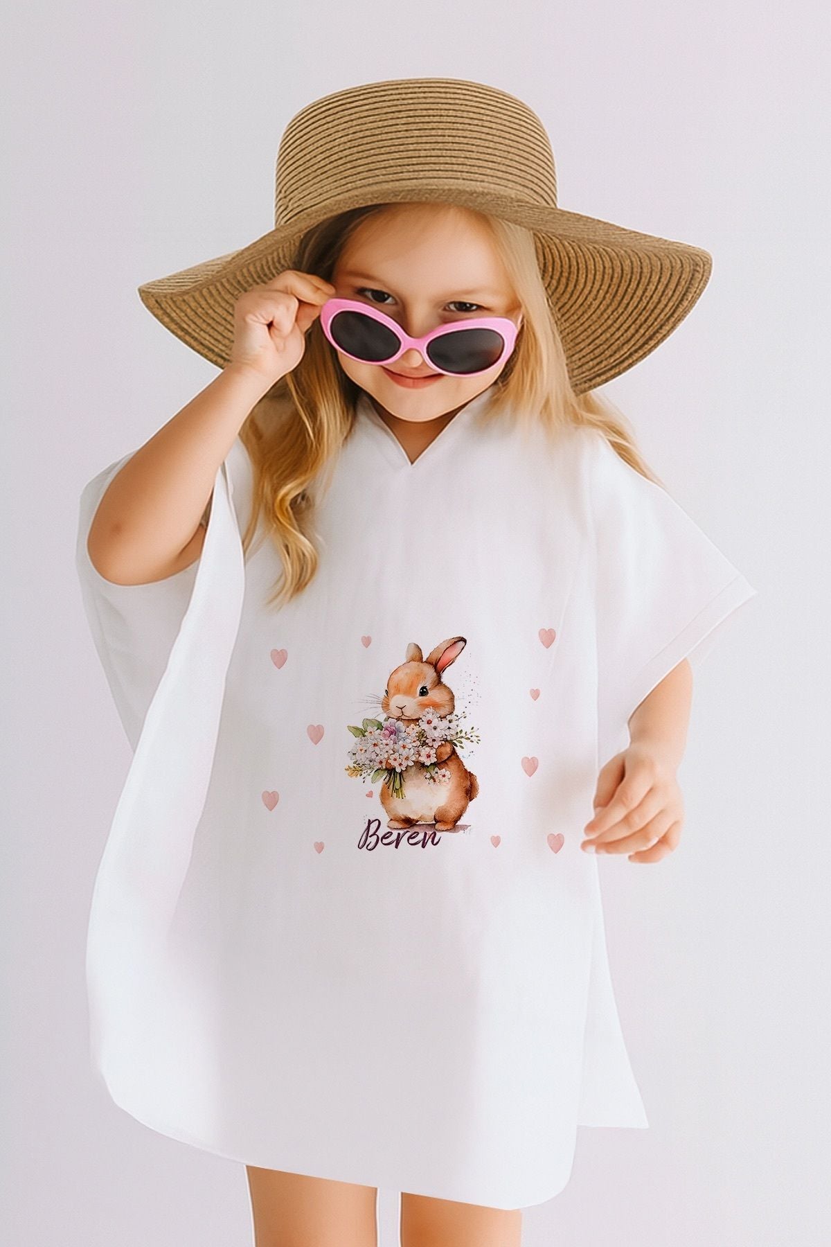 %100 Pamuk Müslin Kapüşonlu Bebek Çocuk Panço Bornoz Tavşan