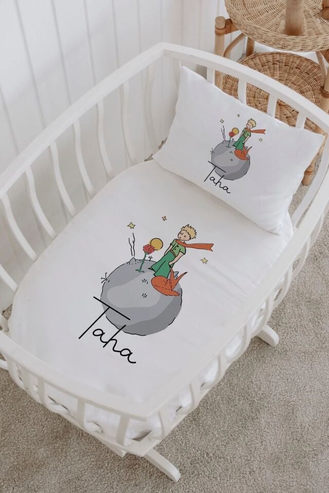 İsme Özel %100 Pamuk  Park Yatak Çarşaf Seti Küçük Prens Gezegen