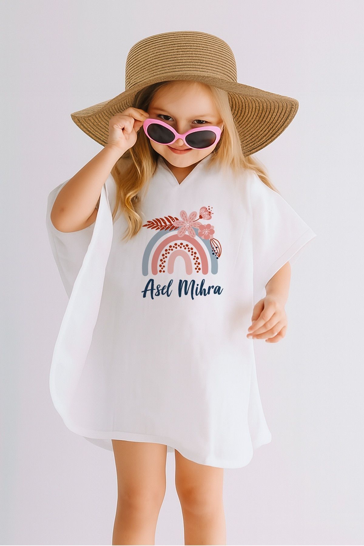 %100 Pamuk Müslin Kapüşonlu Bebek Çocuk Panço Bornoz Gökkuşağı