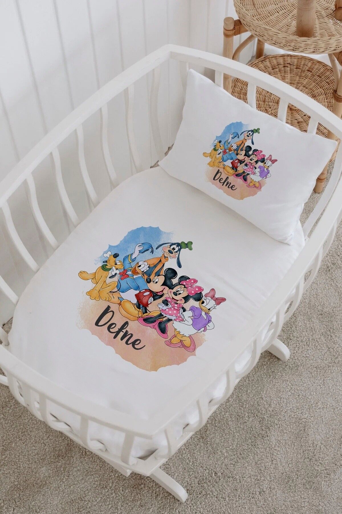 İsme Özel %100 Pamuk Park Yatak Çarşaf Seti  Mickey Minnie Takım