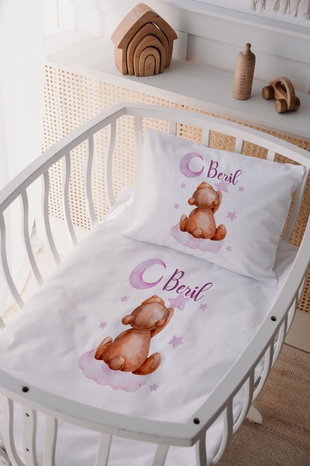%100 Delux Pamuk İsme Özel 60x100 Anne Yanı Beşik Nevresim Takımı Ayıcık