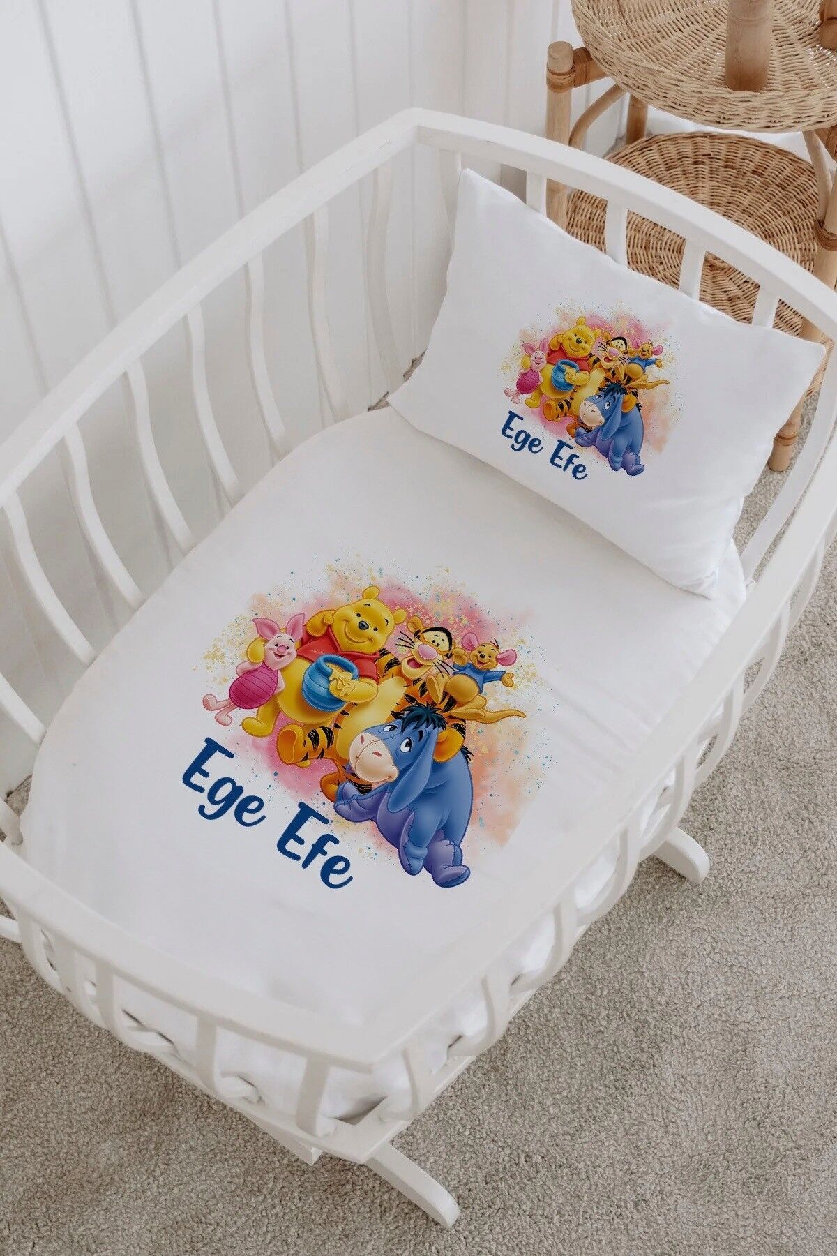 İsme Özel %100 Pamuk Park Yatak Çarşaf Seti  Renkli Winnie