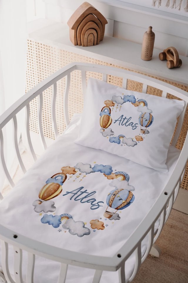 %100 Delux Pamuk İsme Özel 60x100 Anne Yanı Beşik Nevresim Takımı Balon