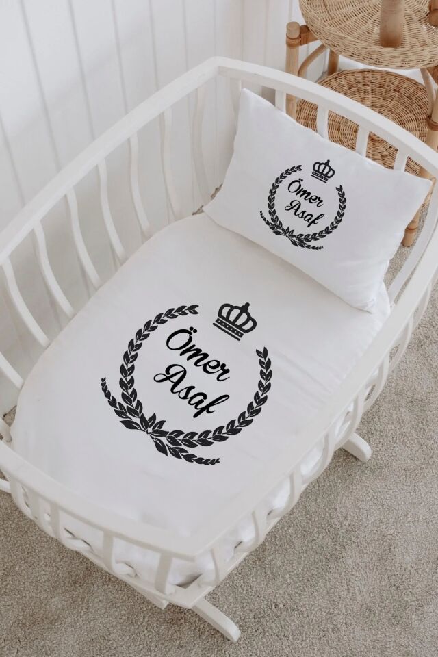 İsme Özel %100 Pamuk Park Yatak Çarşaf Seti  Siyah Çelenk