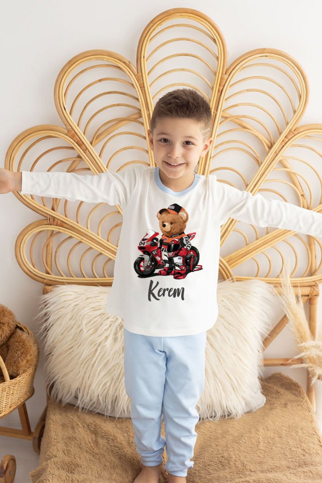 İsme Özel Erkek Çocuk Pijama Takımı %100 Organik Pamuk Mavi - 11-12 Yaş