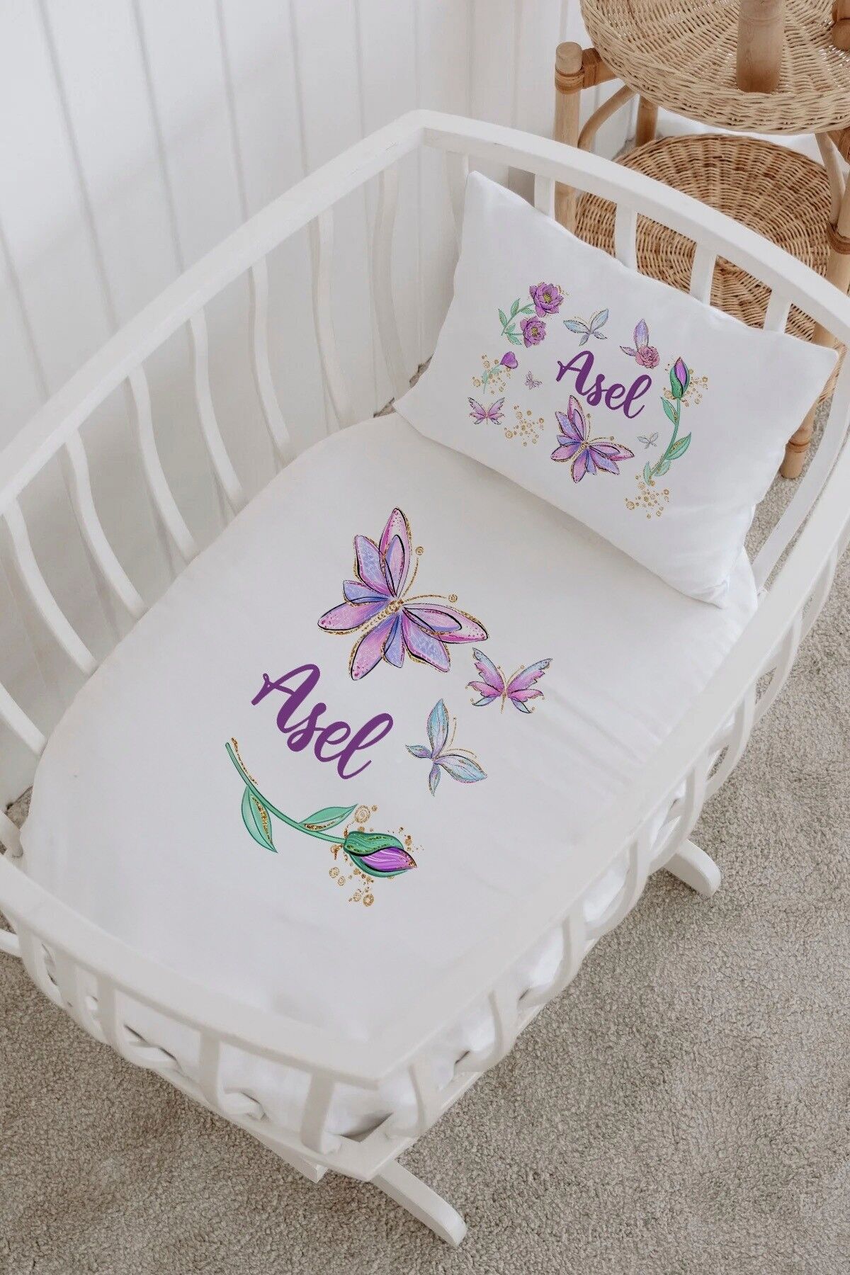 İsme Özel %100 Pamuk Park Yatak Çarşaf Seti  Mor Kelebek