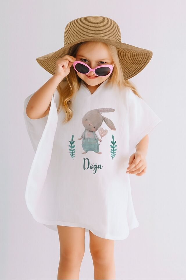 %100 Pamuk Müslin Kapüşonlu Bebek Çocuk Panço Bornoz Tavşan