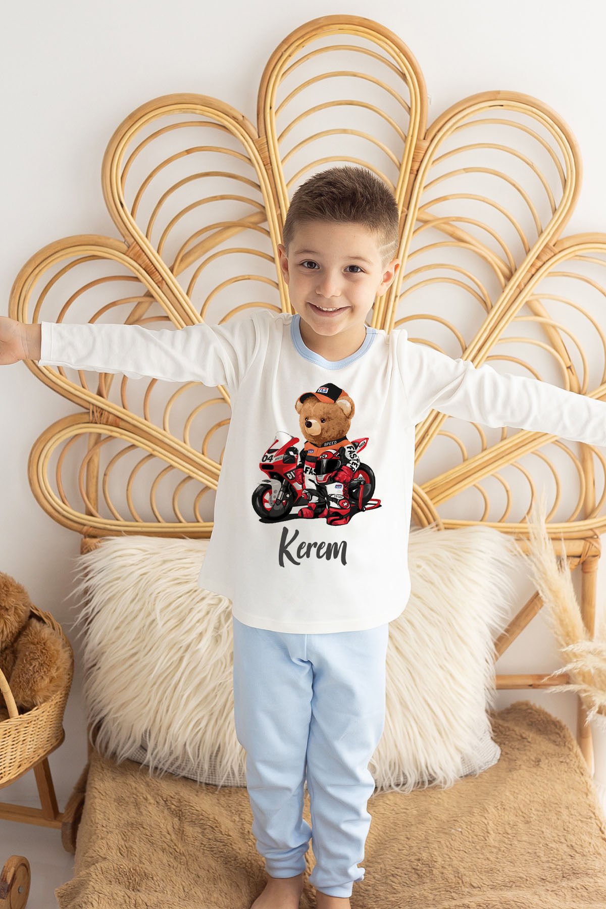 İsme Özel Erkek Çocuk Pijama Takımı %100 Organik Pamuk Mavi - 3-4 Yaş