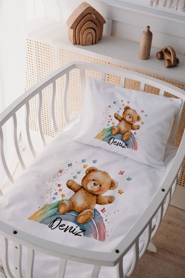 %100 Delux Pamuk İsme Özel 60x100 Anne Yanı Beşik Nevresim Takımı Ayıcık