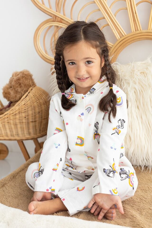 %100 Pamuk Pazen Kız Çocuk Pijama Takımı