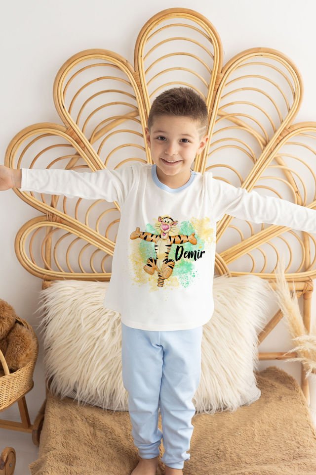 İsme Özel Erkek Çocuk Pijama Takımı %100 Organik Pamuk Mavi - 5-6 Yaş