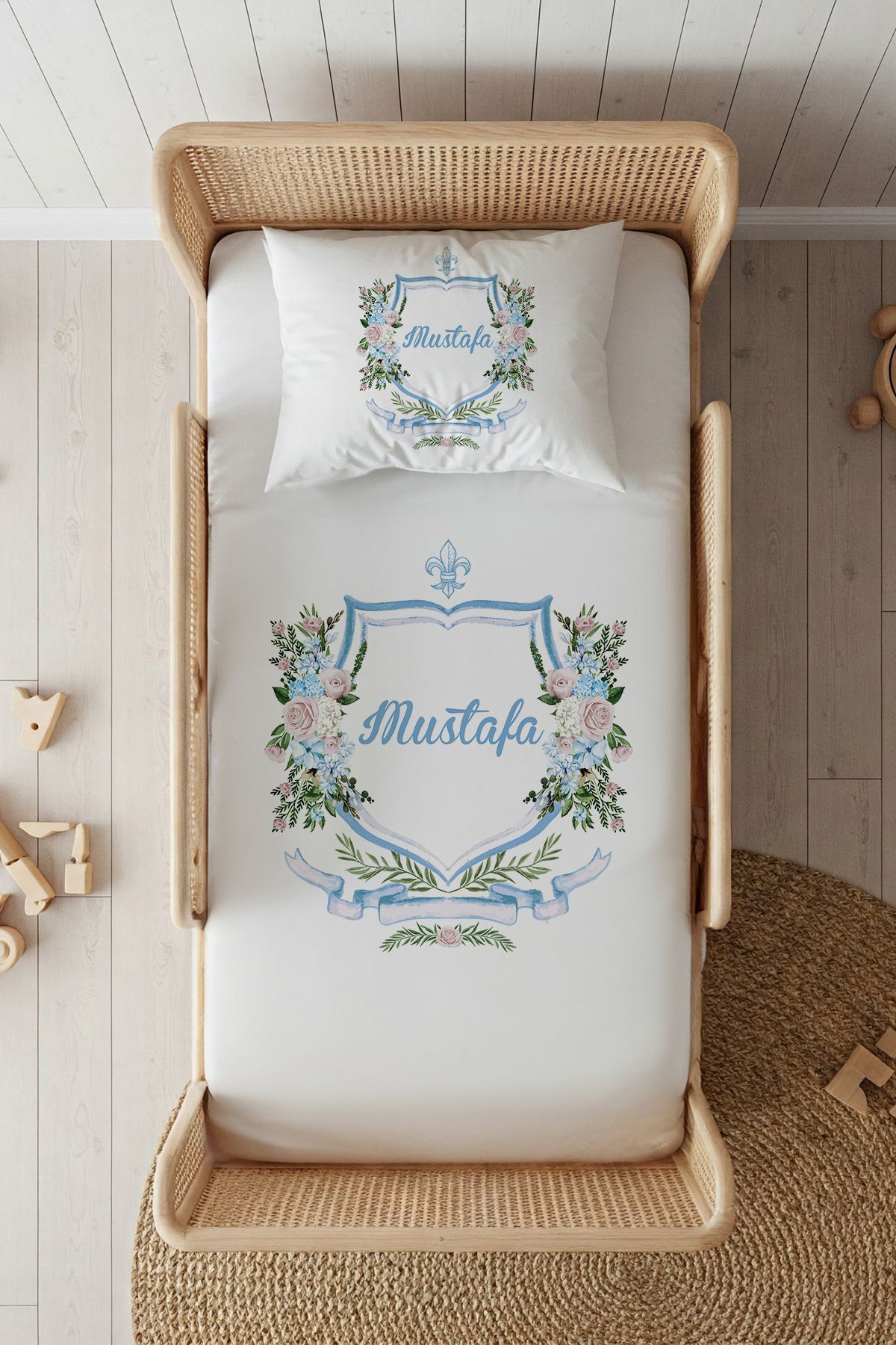 %100 Pamuk Saten İsme Özel İsimli 100x200 Tek Kişilik Lastikli Çarşaf Seti Çiçek