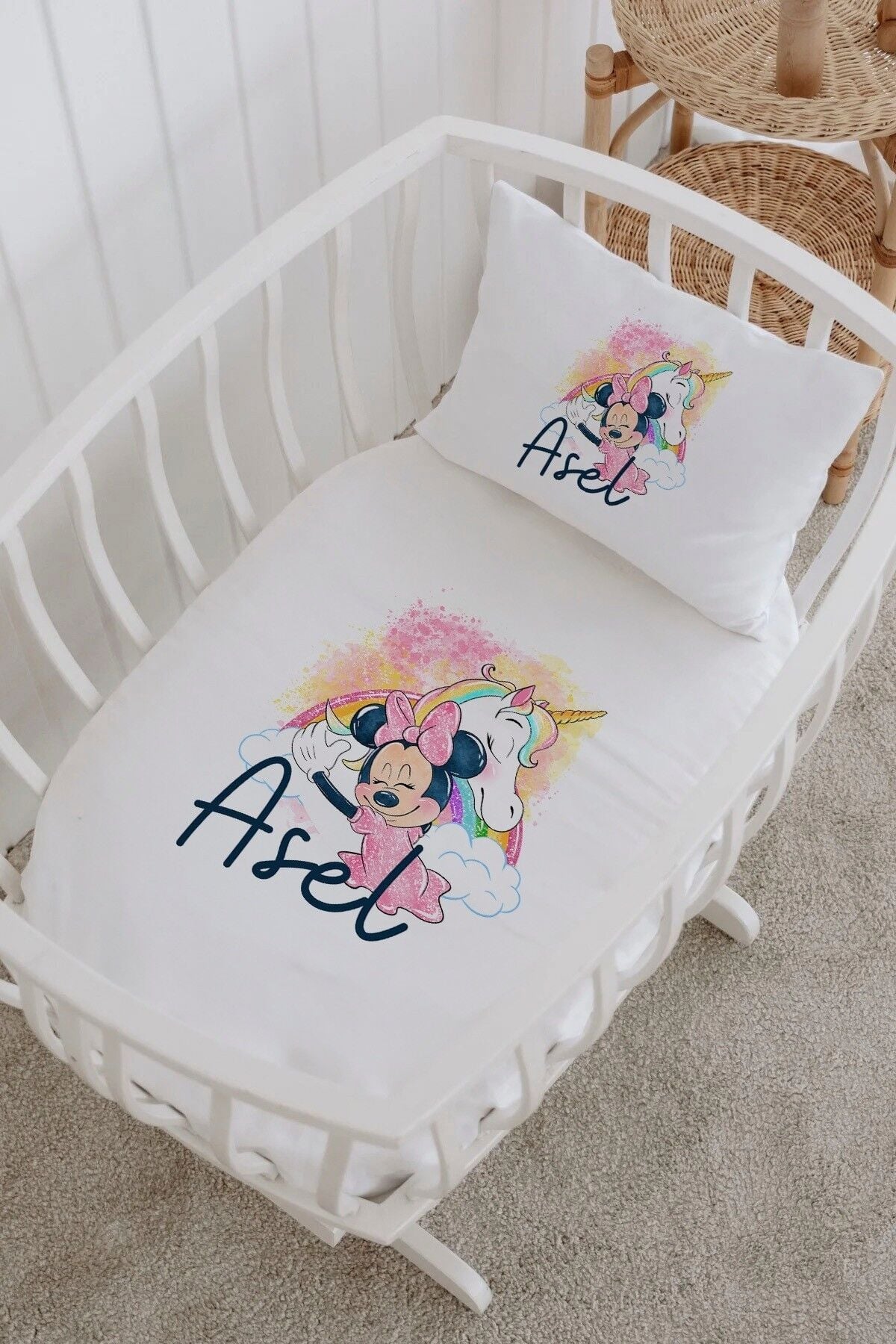 İsme Özel %100 Pamuk Park Yatak Çarşaf Seti  Unicorn Minnie