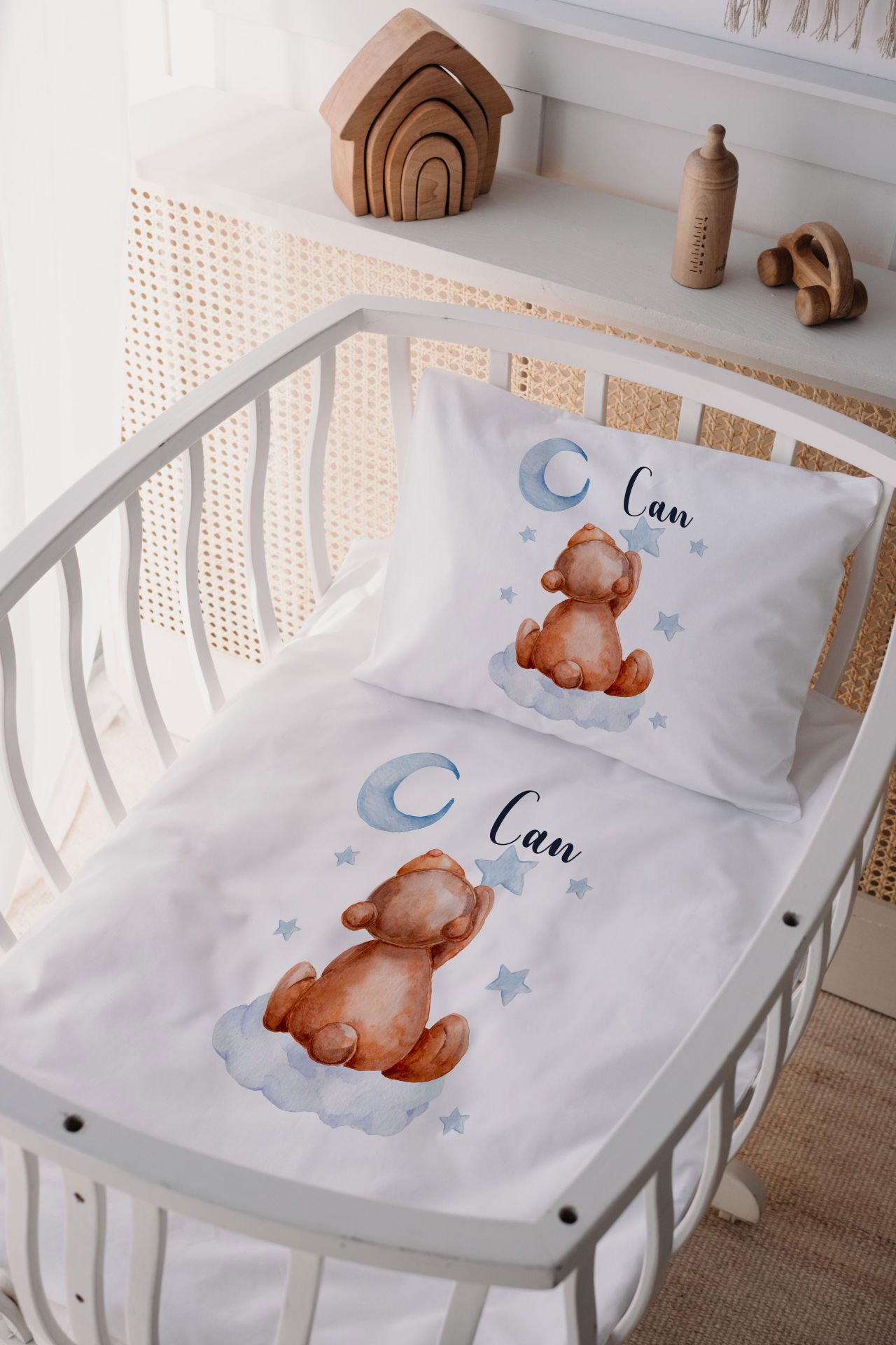 %100 Delux Pamuk İsme Özel 60x100 Anne Yanı Beşik Nevresim Takımı Ayıcık