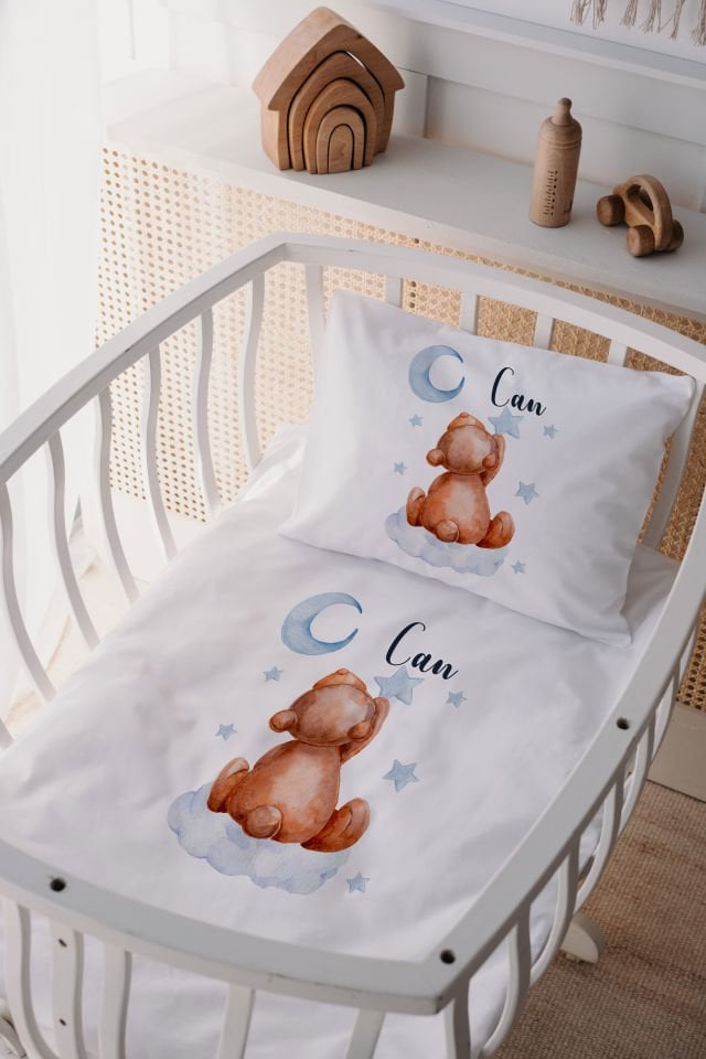 %100 Delux Pamuk İsme Özel 60x100 Anne Yanı Beşik Nevresim Takımı Ayıcık